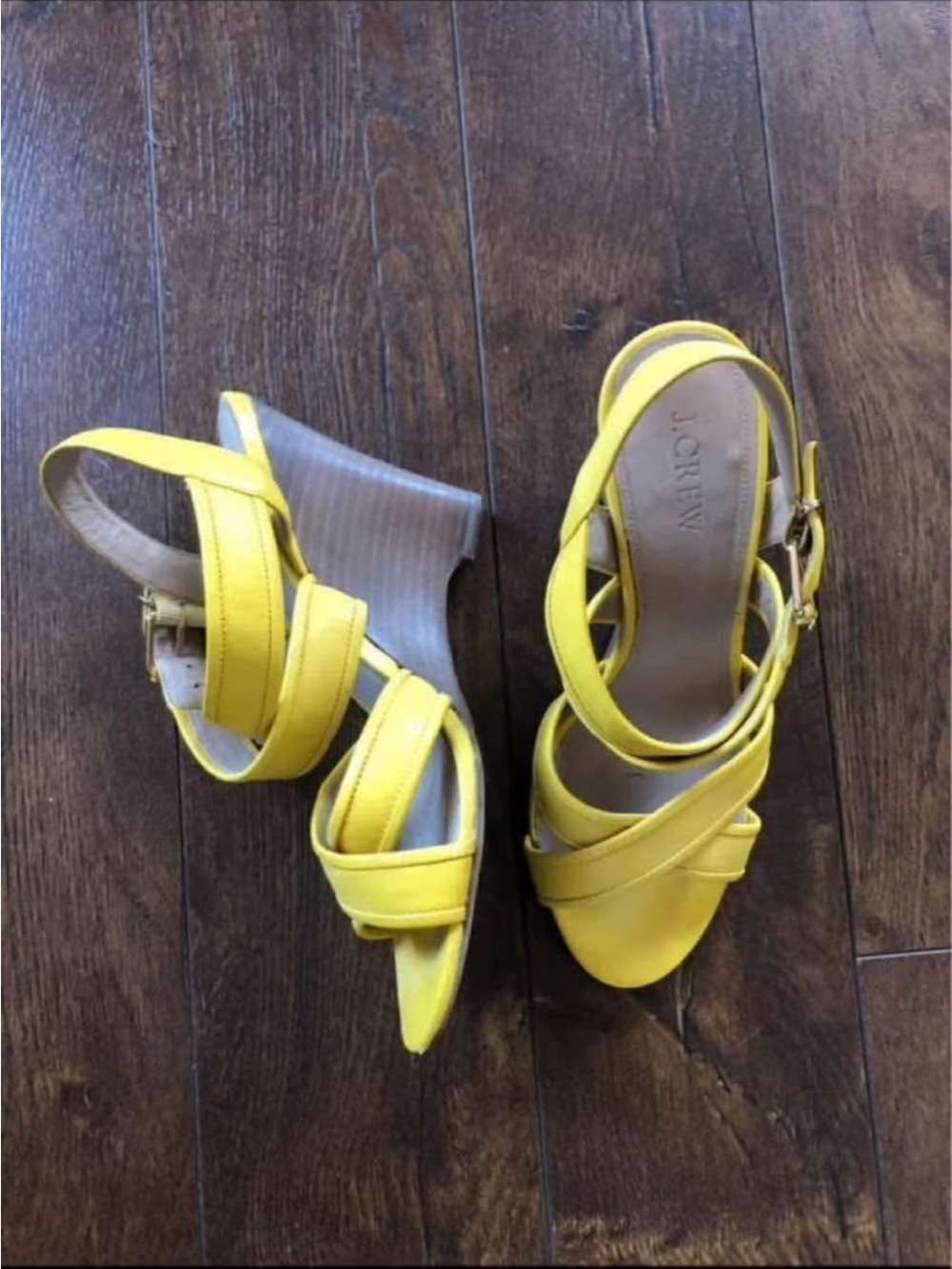 J. Crew Lena Strappy Wood Wedge Sandals. Adjustable Straps. Yellow. Size 8.